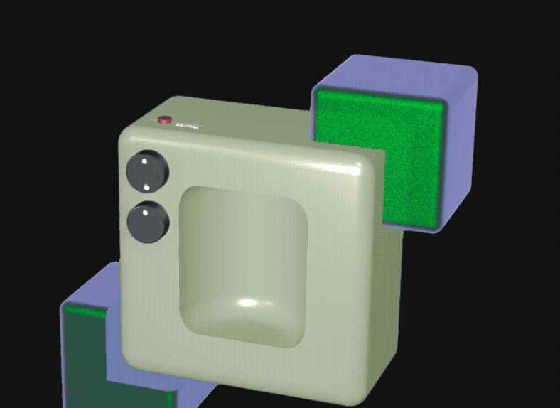 <b>Attempting to run 3 animations simultaneously:</b> the top dial rotating, the main cube changing colours, and the camera panning from top-right to bottom-left. However, when setting state transitions to 0.25s, Spline struggled to handle the rapid changes and began freezing whenever I tried to further adjust the dial’s animation.