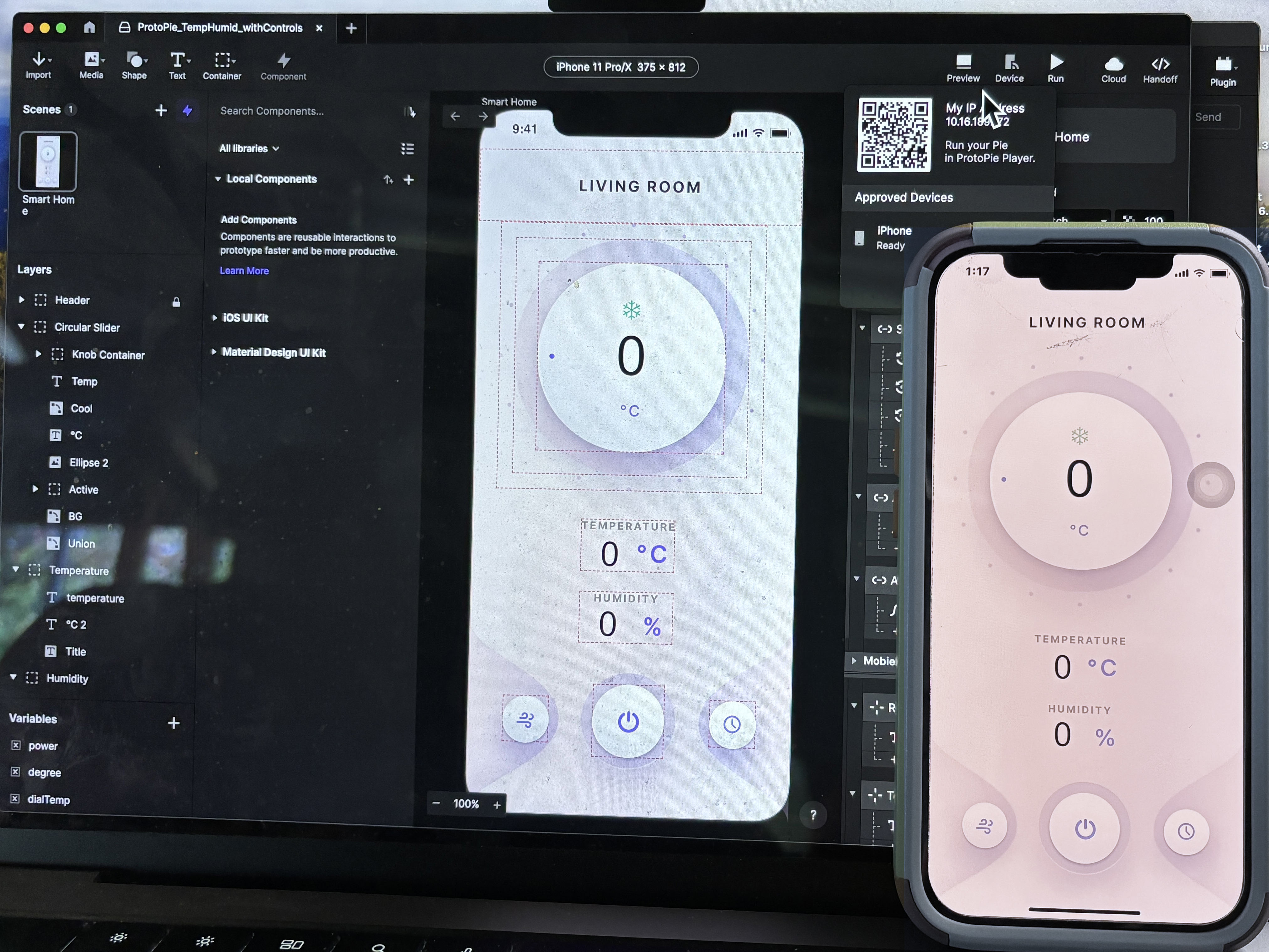 Running the Temperature/Humidity ProtoPie file provided to us in class and testing the prototype on our own phones