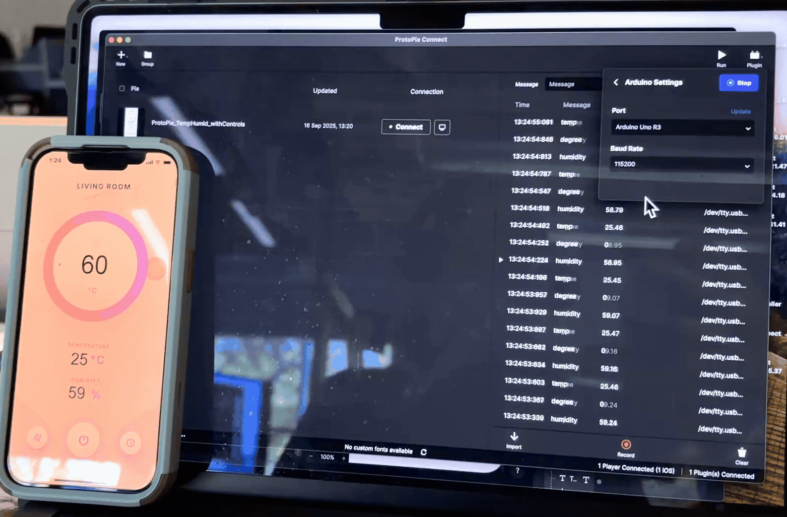 Just like the Serial Monitor tool, ProtoPie Connect allowed us to read the sensor data being sent from the Arduino Sensor Kit. At the same time, the ProtoPie Player app on our phones displayed updates to the temperature & humidity values in real-time.
