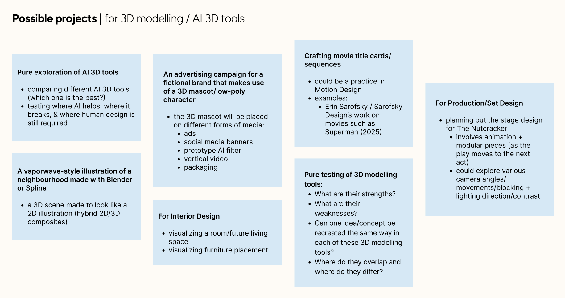 My project ideas for the 3D modelling/AI 3D tools path