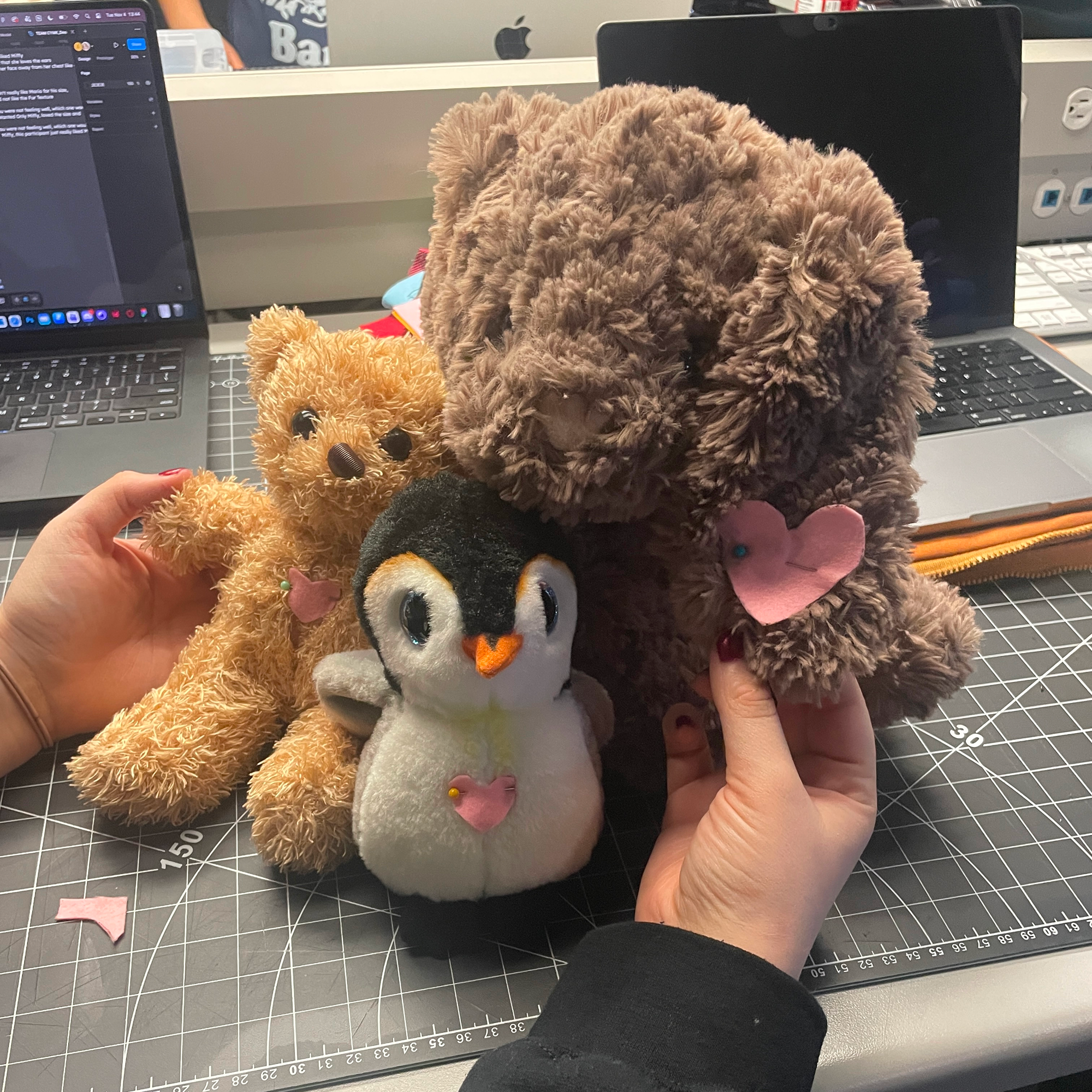 Adding a heart patch on each plushie to test and see if users would hold them differently based on their placement and how they look