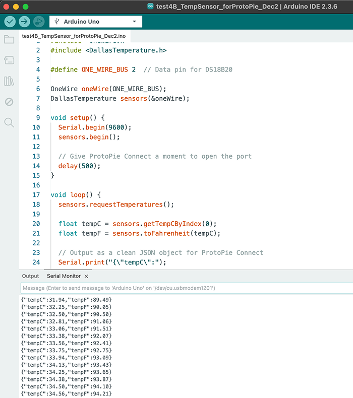 The ProtoPie Connect-ready version of our Arduino sketch