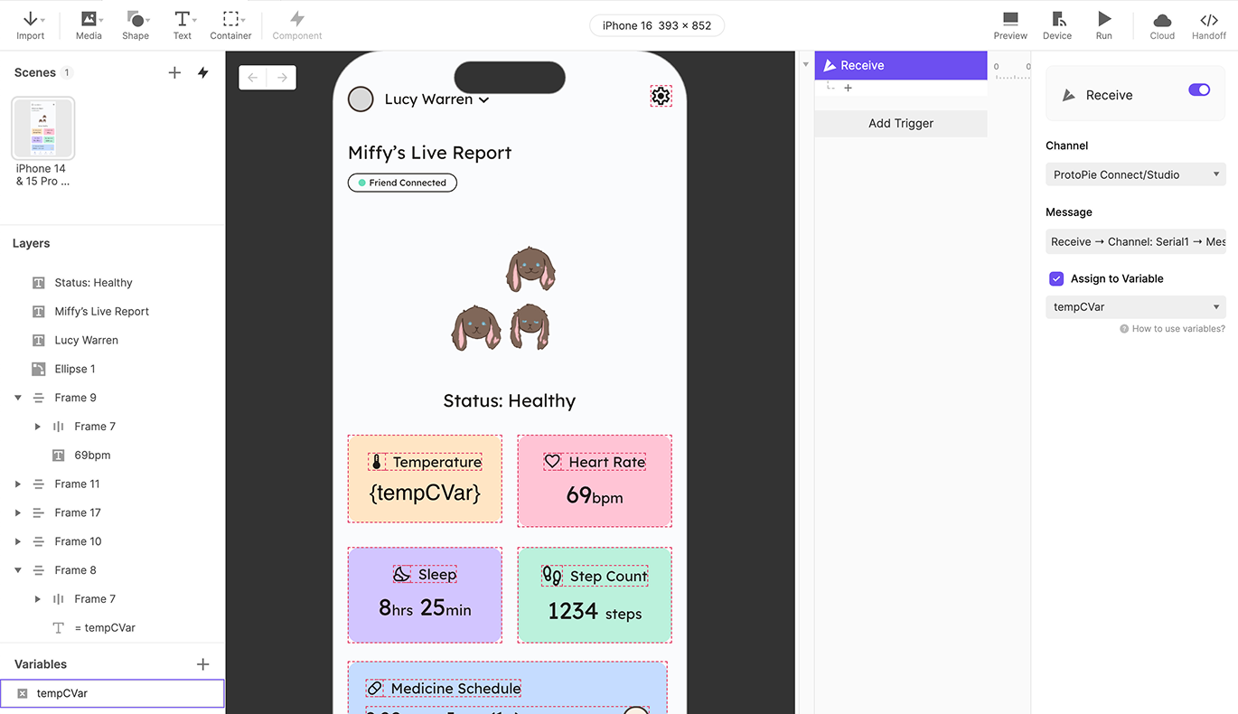 One of our many attempts of connecting ProtoPie Connect with our prototype on ProtoPie Studio